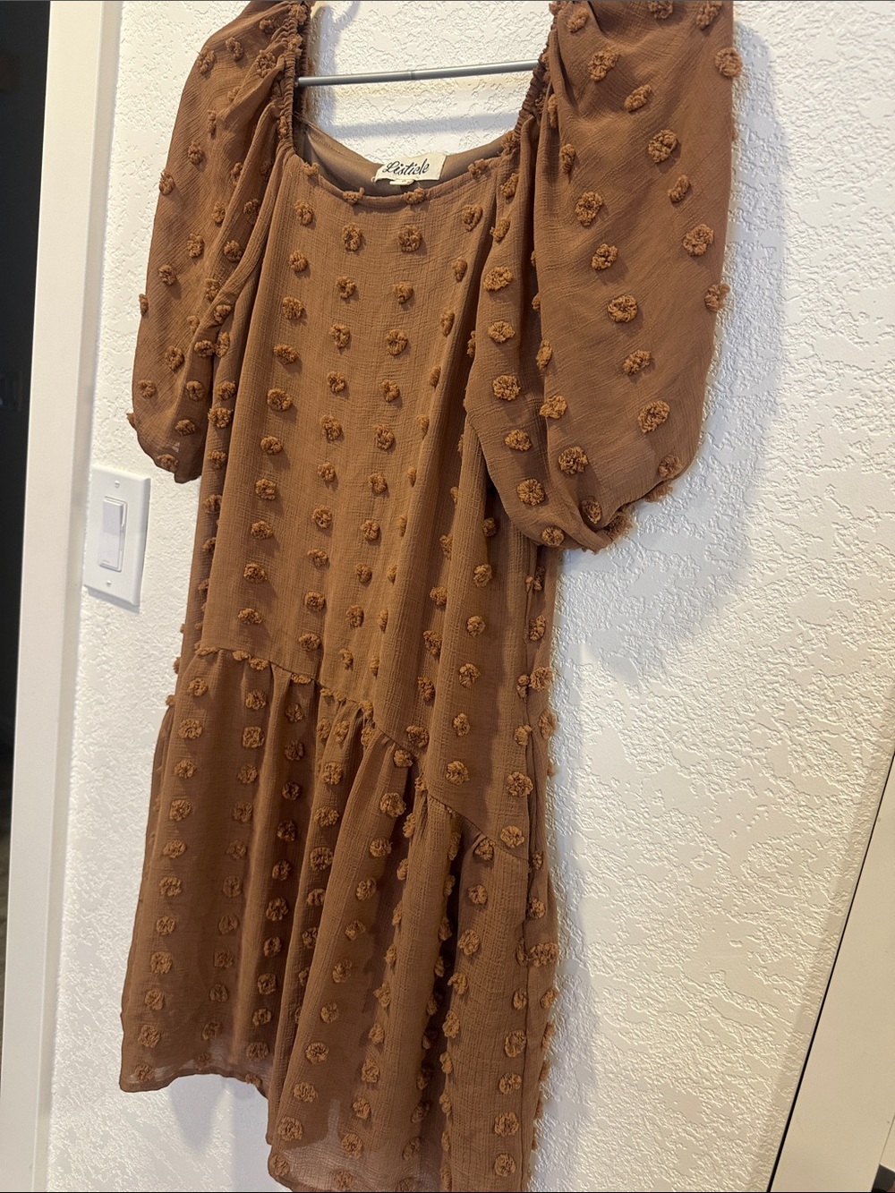 Brown Pom-Pom Puff-Sleeve Midi Dress